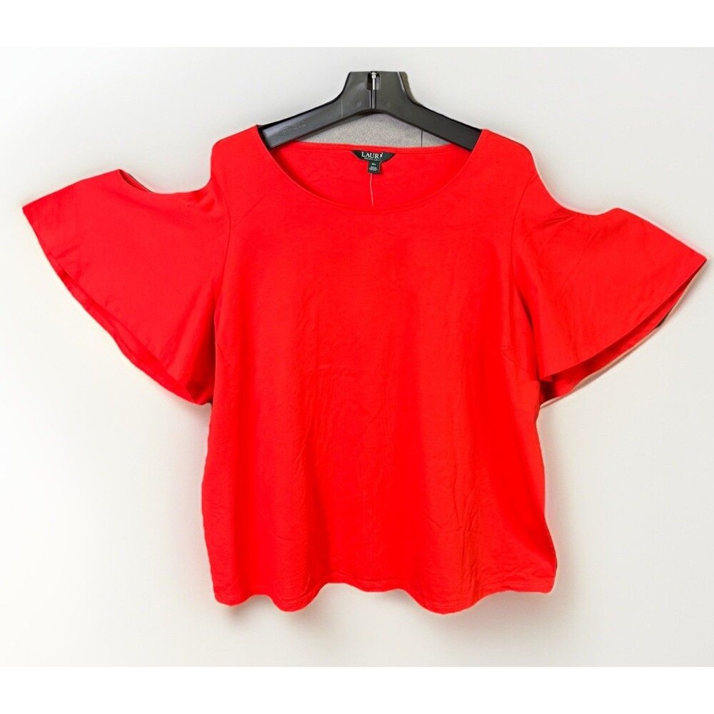 Lauren Ralph Lauren Top 3X Cold Shoulder Ruffle Sleeve Red Cotton Knit Plus Size